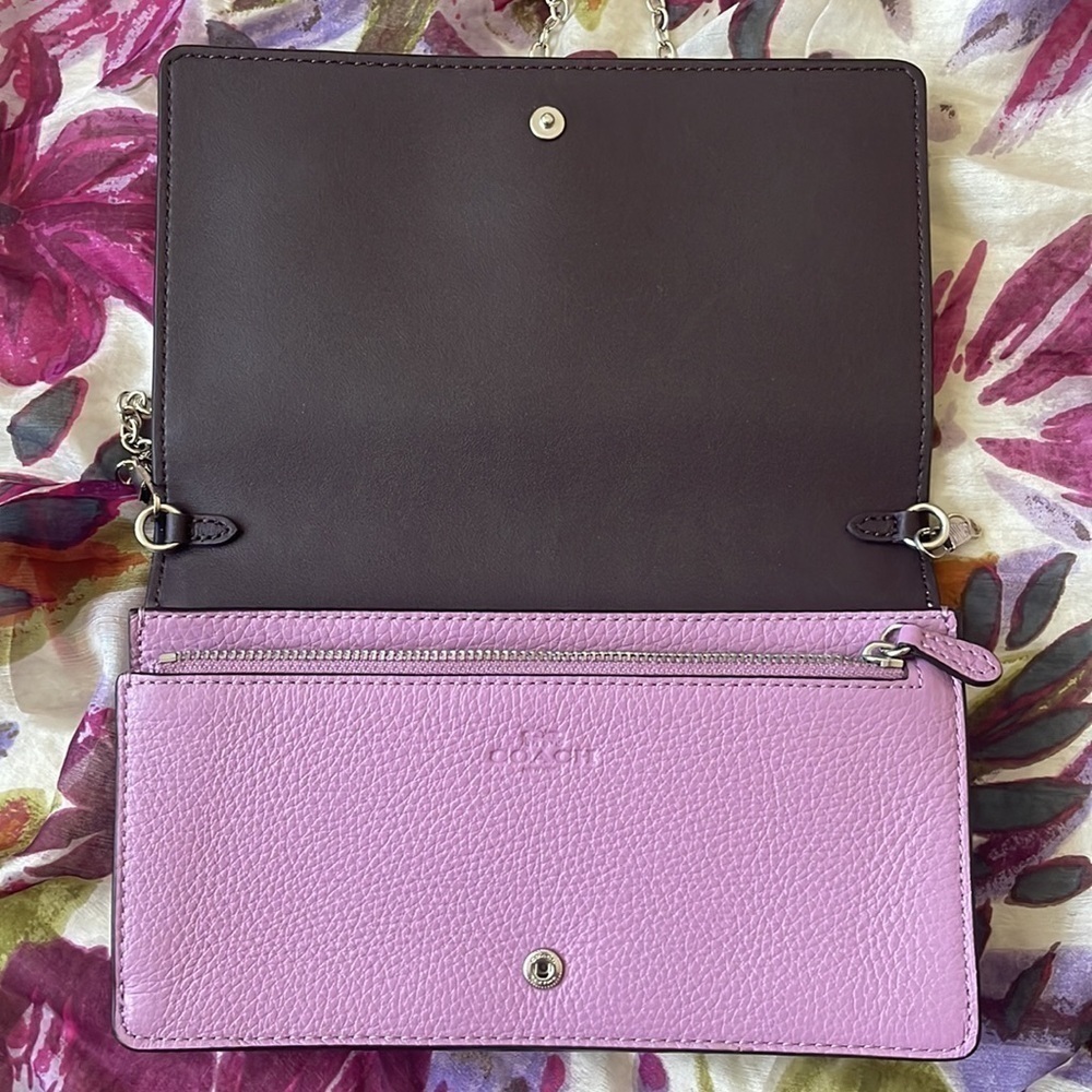 Brand New Coach Genuine Leather Foldover Clutch Crossbody Chain Purse Purple - Picture 13 of 16